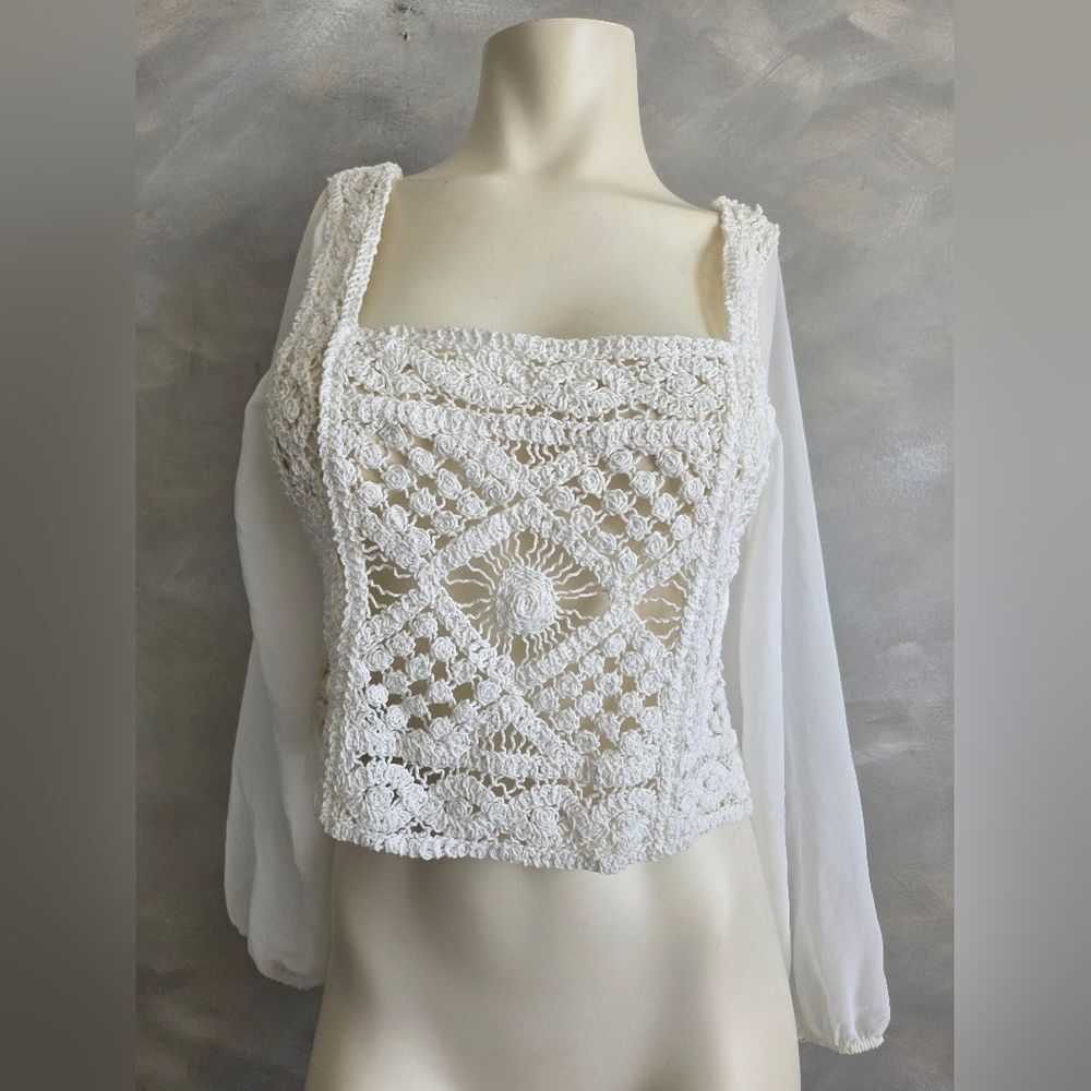 Crochet Chiffon Sheer Puff Sleeve Square Neck Boho Festival Crop Top Blouse